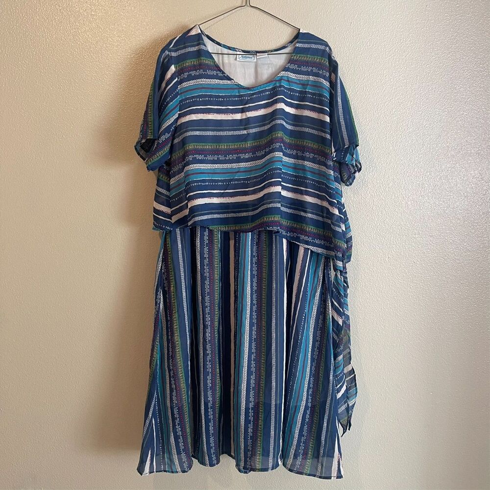 Vintage 1980s National Blouson Dress Petite XL Stripe Sheer Chiffon Layered